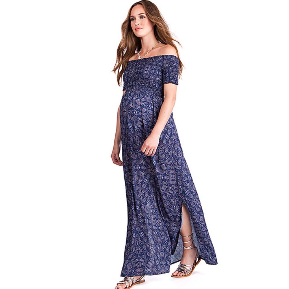 Seraphine Cara Off The Shoulder Maternity Maxi Dress Printed Shirred Smocked